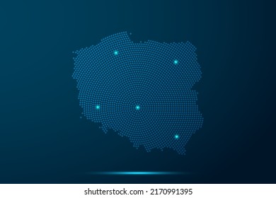 Poland Map - World Map vector template with dots, grid, grunge, halftone style and light, network line, design sphere on blue technology background -  Vector illustration eps 10