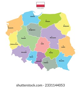 Poland maps background with regions, region names and cities in color, flag. Poland map isolated on white background. Vector illustration map europe