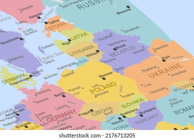 Poland in the middle of europe map, close up Poland, travel idea, pinned destination, top view, vacation and road trip concept, colorful map with location icon