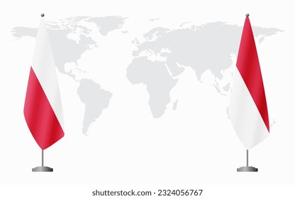 Poland and Monaco flags for official meeting against background of world map.