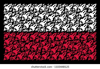 Poland National Flag collage made from space rocket launch elements. Flat vector space rocket launch icons are composed into mosaic Poland flag composition on a black background.