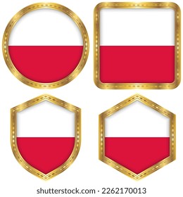 Poland National Flag Collection Set of Circular, Square, Shield, Hexagon Gold Border Logo Button Icon Vector Design Isolated on White Background