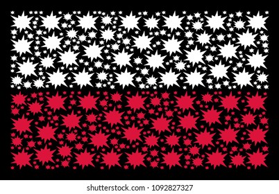 Poland National Flag composition done with bang pictograms. Flat vector bang symbols are arranged into mosaic Poland flag abstraction on a black background.