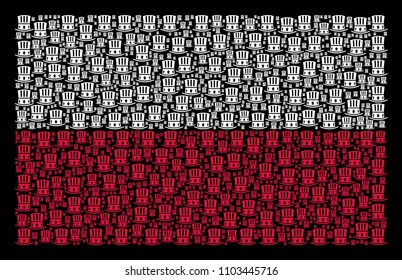 Poland National Flag composition done of Uncle Sam hat pictograms. Flat vector Uncle Sam hat symbols are composed into mosaic Polish flag illustration on a black background.