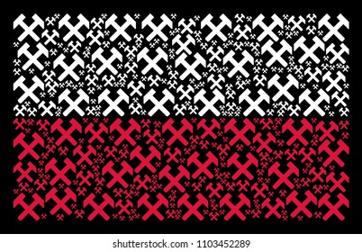 Poland National Flag concept formed of hammers pictograms. Flat vector hammers icons are united into geometric Poland flag collage on a black background. Designed for political and patriotic purposes.