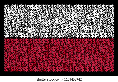 Poland National Flag mosaic done with dollar pictograms. Flat vector dollar icons are arranged into conceptual Polish flag composition on a black background.