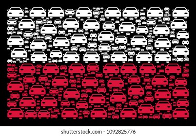 Poland National Flag pattern composed with car design elements. Flat vector car symbols are united into conceptual Poland flag abstraction on a black background.