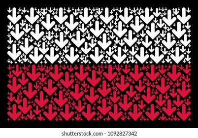 Poland National Flag pattern created with arrow down pictograms. Flat vector arrow down icons are united into geometric Poland flag illustration on a black background.