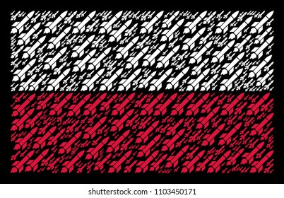 Poland National Flag pattern created from missile launch elements. Flat vector missile launch symbols are arranged into conceptual Poland flag composition on a black background.