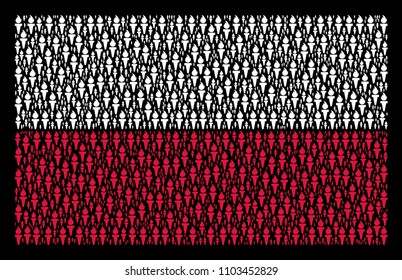 Poland National Flag pattern organized with freedom fire torch elements. Flat vector freedom fire torch symbols are organized into mosaic Poland flag illustration on a black background.