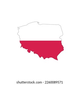 Poland - national flag in a shape of country map silhouette with thin black outline. Simple flat vector icon.