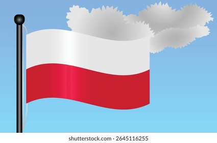 Poland national flag waving against a bright blue sky. representing national pride, unity, and heritage in Europe with its vibrant colors and iconic design. Patriotic symbol of identity or pride