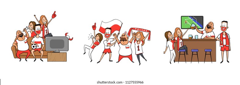 Poland National football team supporters cheering at home, in the bar together. Set of football characters with national attributes. Colored flat vector illustration. Isolated on white background.