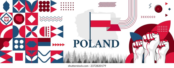 Poland National or Independence Day abstract banner design with flag and map. Flag color theme geometric pattern retro modern Illustration design.