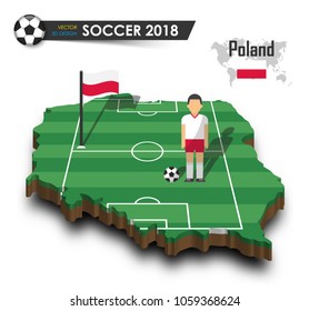 Poland national soccer team . Football player and flag on 3d design country map . isolated background . Vector for international world championship tournament 2018 concept .