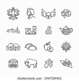 Poland national symbols- vector thin line style set, collection