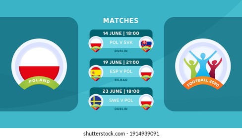 Poland national team Schedule matches in the final stage at the 2020 Football Championship. Vector illustration with the official gravel of football 2020 matches.