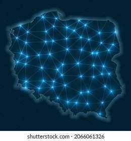 Mapa de red de Polonia. Mapa geométrico abstracto del país. Conexiones digitales y diseño de telecomunicaciones. Red de Internet brillante. Ilustración vectorial vibrante.