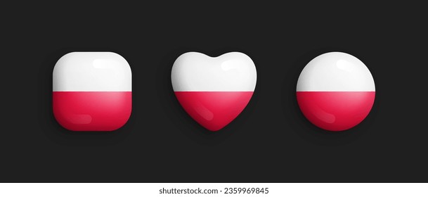 La Bandera Nacional Oficial De Polonia Vector 3D Iconos Brillantes En Cuadrado Rodeado, Forma De Corazón Y Círculo Aislado En El Fondo. Colección de Botones volumétricos de elementos de diseño gráfico de símbolos y símbolos polacos