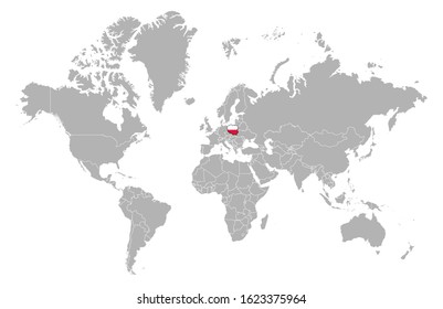 Poland on detailed world map. With overlay Poland flag. The location of the country of Poland on the world map.