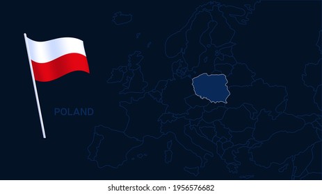 poland on europe map vector illustration. High quality map Europe with borders of the regions on dark background with national flag.