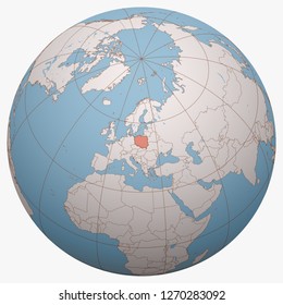 Poland on the globe. Earth hemisphere centered at the location of the Republic of Poland. Poland map.