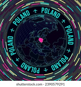 Poland on globe. Satelite view of the world centered to Poland. Bright neon style. Futuristic radial bricks background. Trendy vector illustration.