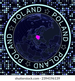 Polonia en el vector del globo. Vista satelital futurista del mundo centrada en Polonia. Ilustración geográfica con forma de fondo de país y cuadrado. Colores luminosos de neón sobre fondo oscuro.