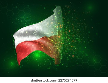 Poland, on vector 3d flag on green background with polygons and data numbers