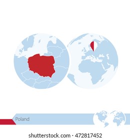 Poland on world globe with flag and regional map of Poland. Vector Illustration.