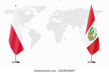 Poland and Peru flags for official meeting against background of world map.