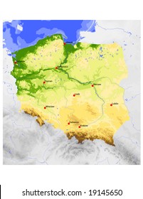 Poland. Physical vector map, colored according to elevation, with ocean depths and selected cities. Surrounding territory greyed out. 49 layers, fully editable. Data source: NASA