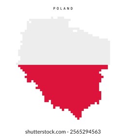 Poland pixel flag map icon. 8 bit pixel art Polish map covered with flag. Flat vector illustration isolated on white background.