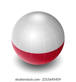 Poland (PL) (Polish) National Flag 2.5D Isometric View, Metallic Sphere Ball Globe Design, Flag Symbol Isolated on White Background