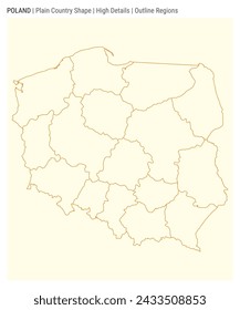 Mapa del país de Polonia. Detalles altos. Estilo de regiones de esquema. Forma de Polonia. Ilustración vectorial.