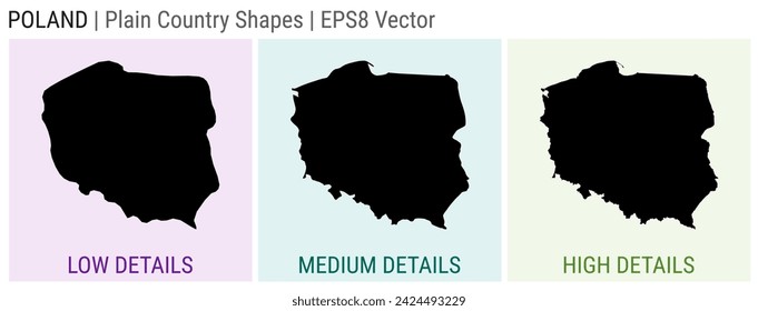 Poland - plain country shape. Low, medium, and high detailed maps of Poland. EPS8 Vector illustration.