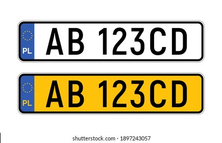 Poland plate license registration car number. European yellow Poland license transport