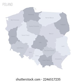 Poland political map of administrative divisions - voivodeships. Grey vector map with labels.