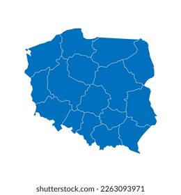 Mapa político polaco de divisiones administrativas - voivodías. Mapa vectorial en blanco sólido azul con bordes blancos.