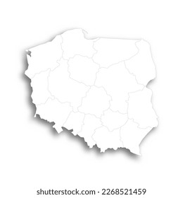 Poland political map of administrative divisions - voivodeships. Flat white blank map with thin black outline and dropped shadow.