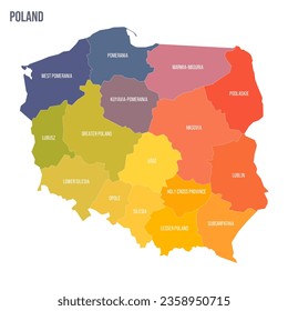 Poland political map of administrative divisions - voivodeships. Colorful spectrum political map with labels and country name.