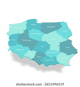 Mapa político de divisões administrativas da Polônia - voivodias. Mapa de vetor turquesa 3D com rótulos de nome.