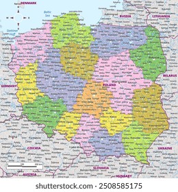 Poland political map with capital , cities, towns, national borders, rivers and lakes. labeling