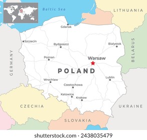 Polen Politische Karte mit der Hauptstadt Warschau, den wichtigsten Städten und nationalen Grenzen