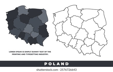 Poland political regions black color outline map set