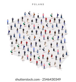 Poland population map. Large group of realistic a diverse crowd of people figures in a shape of Polish map. Flat vector illustration isolated on white.