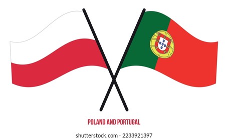Poland and Portugal Flags Crossed And Waving Flat Style. Official Proportion. Correct Colors.