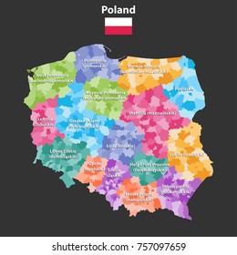 Poland provinces(known as voivodeships) vector map with administrative divisions. Polish names gives in parentheses, where they differ from the English ones. 