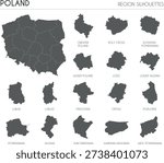 Poland region silhouettes set and blank map of the country isolated on white background. Vector illustration design