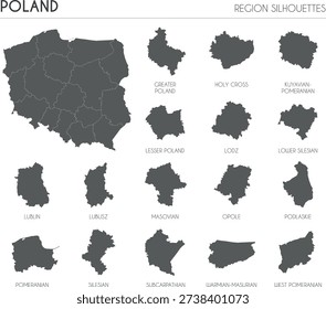 Poland region silhouettes set and blank map of the country isolated on white background. Vector illustration design